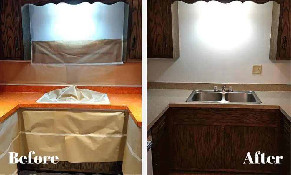 The image shows the before and after of a kitchen sink countertop, the before sink is covered with brown paper to protect the surfaces prior to refinishing the orange-colored countertop, and the after shows the kitchen sink free of paper and the countertop a new light brown stone.